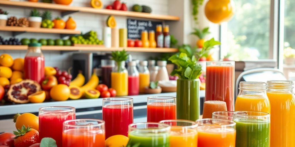 Colorful juices and fresh fruits at a juice bar.