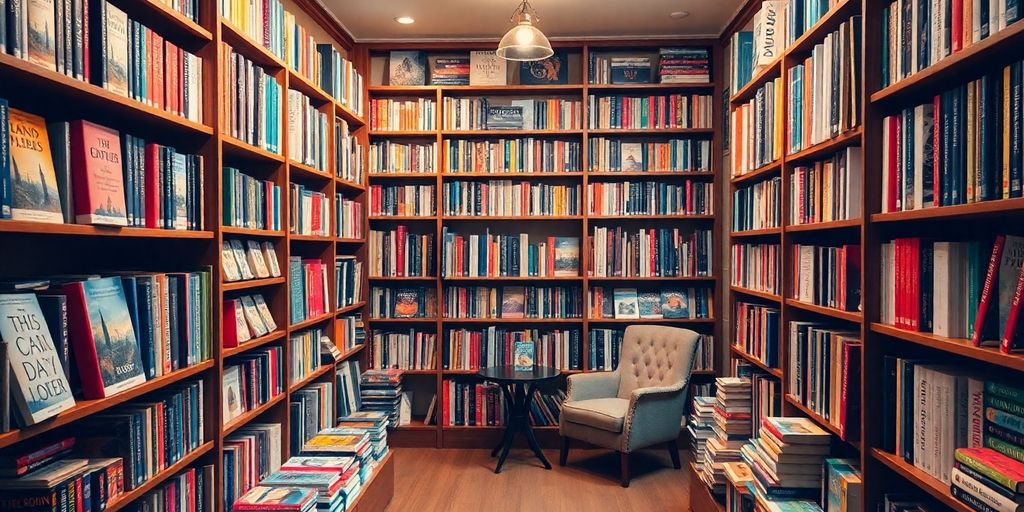 Cozy bookstore interior with colorful books and seating.