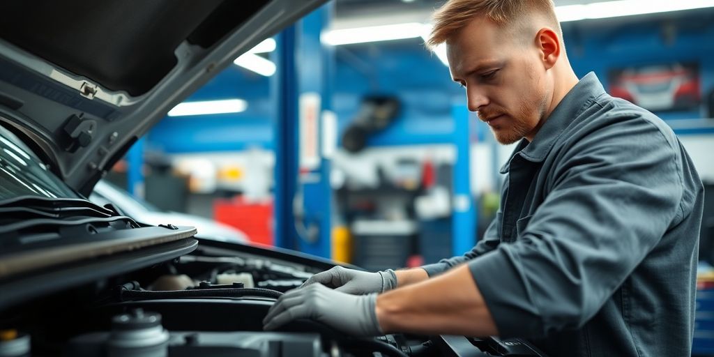 Mechanic repairing a car engine in a workshop.