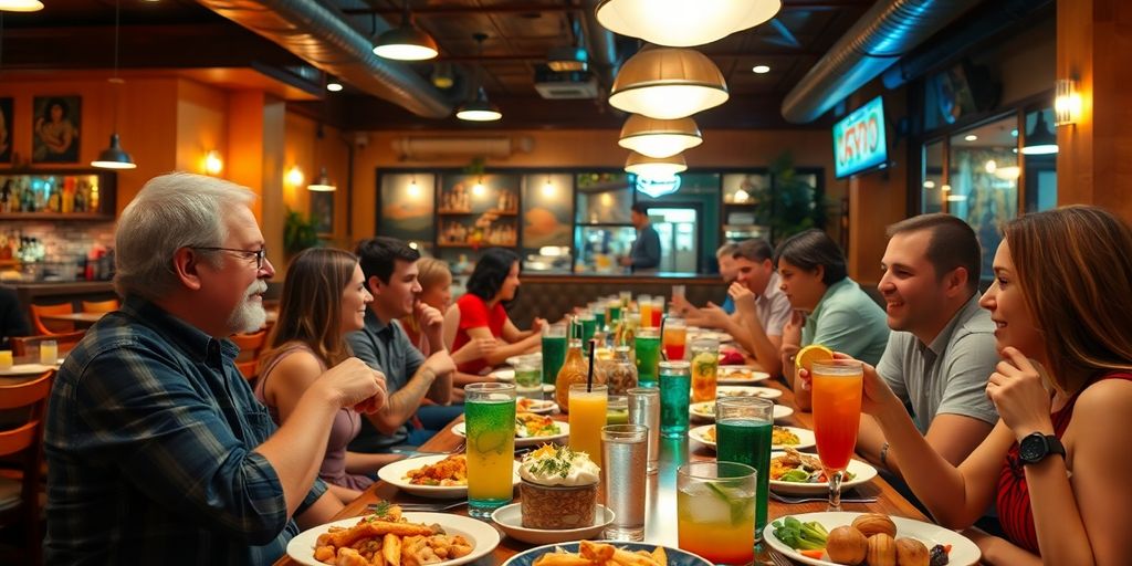 Casual dining scene with guests enjoying their meals.