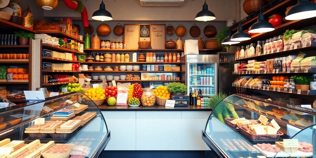 Colorful deli with fresh ingredients and produce.