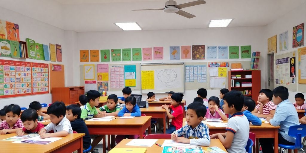 Diverse students learning languages in a bright classroom.