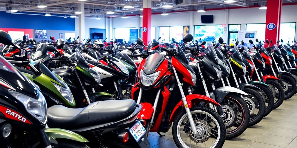 Motorcycles displayed in a colorful dealership showroom.