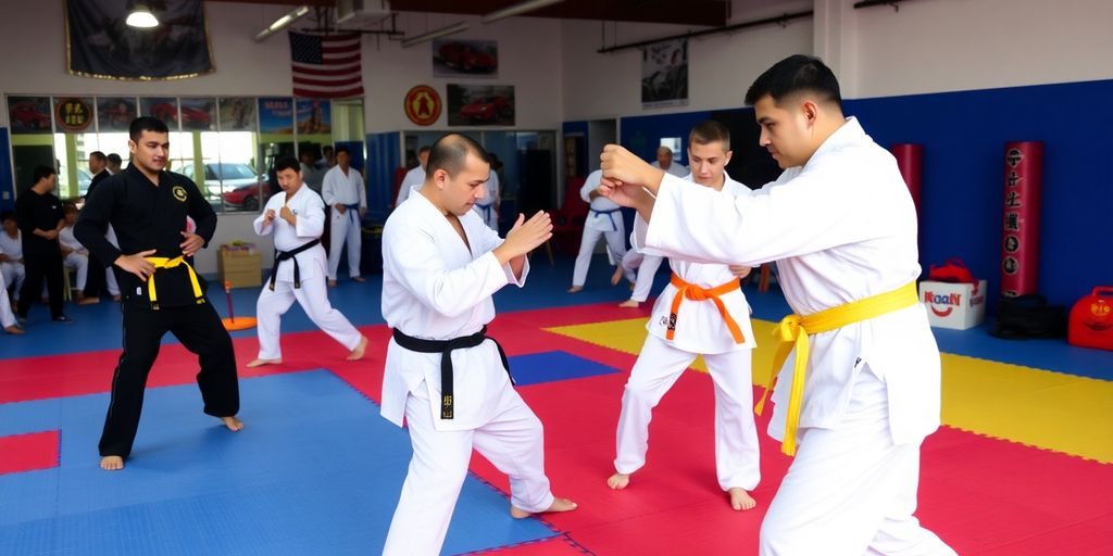 Martial arts practitioners training in a dynamic studio environment.