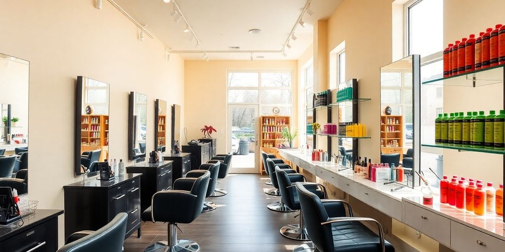 Stylish hair salon interior with colorful products and decor.