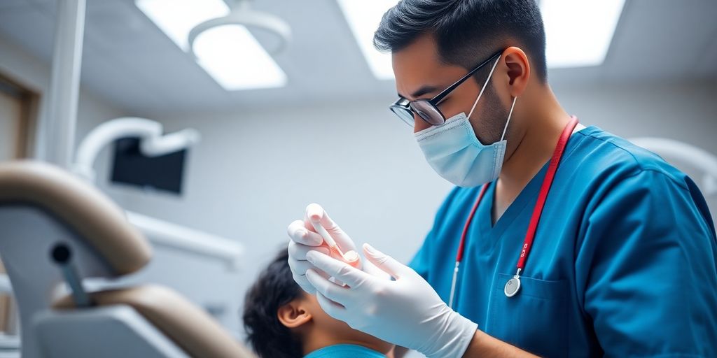 Dentist examining a patient in a modern clinic.