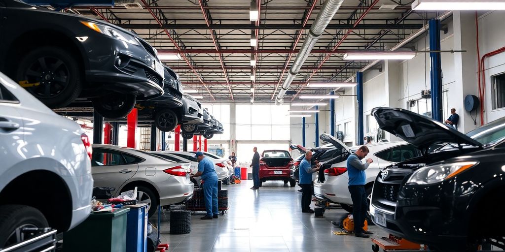 Mechanics working in a busy auto body shop.