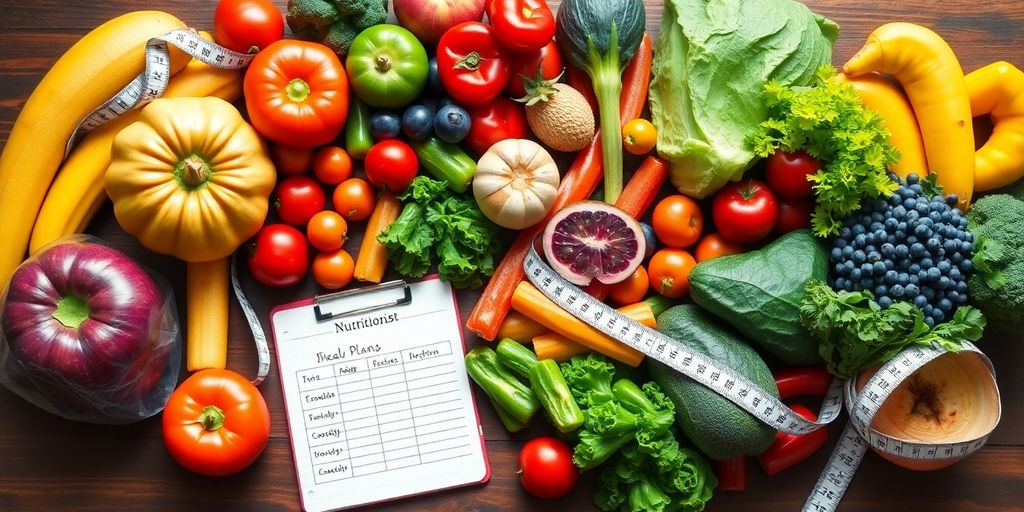 Fresh fruits and vegetables arranged on a wooden table.