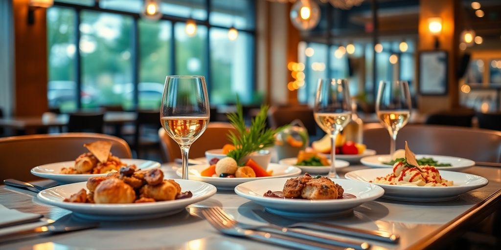 A beautifully arranged dining table with delicious dishes.