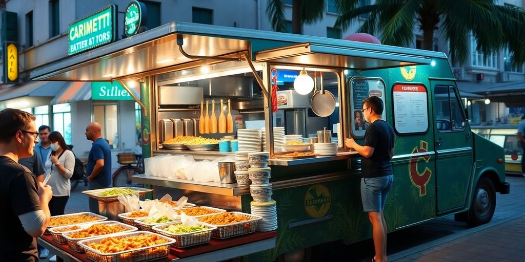 Gourmet food truck with colorful dishes and happy customers.