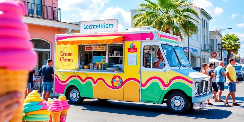 Colorful ice cream truck with happy customers outdoors.