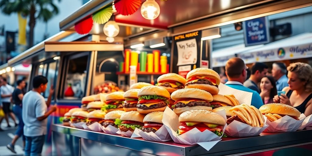 Burger truck with delicious burgers at a lively market.