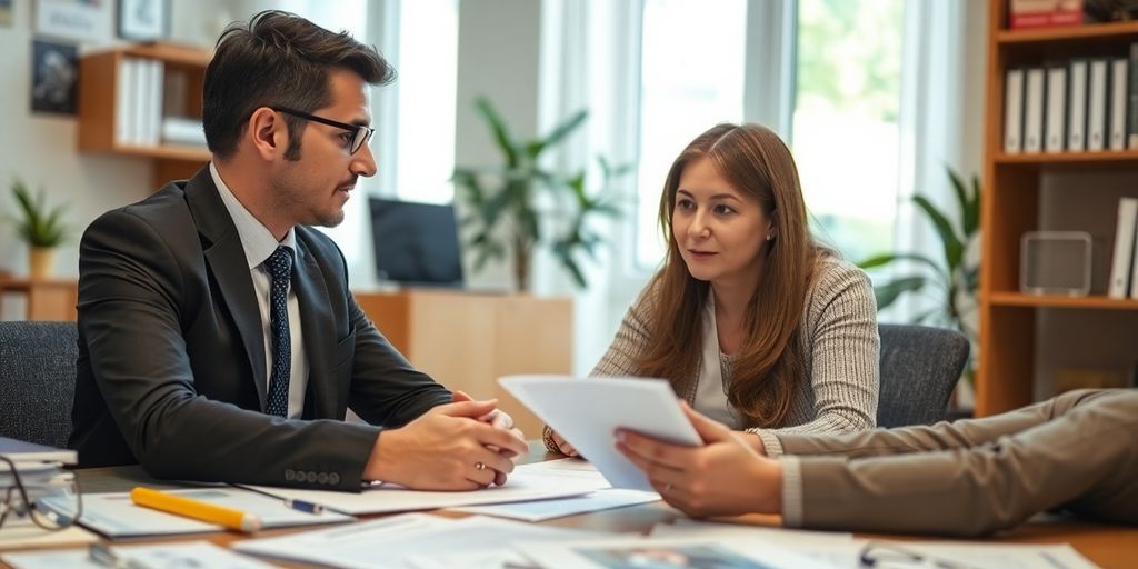 Insurance agent consulting with a client in office.