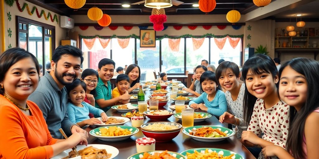 Families dining joyfully in a lively restaurant setting.