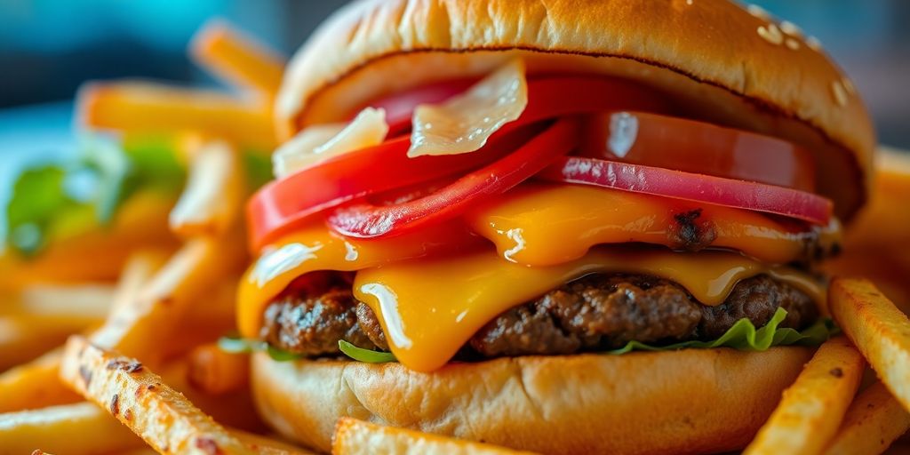 Delicious burger with fries, perfect for fast food.