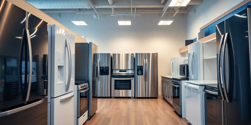 Interior of an appliance store with various appliances displayed.