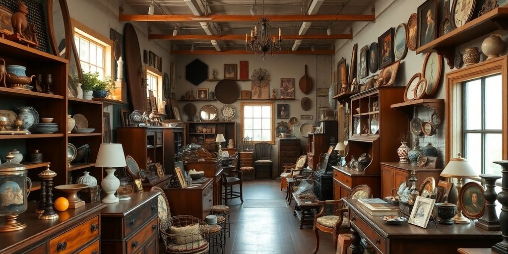 Antique shop interior filled with vintage items and decor.