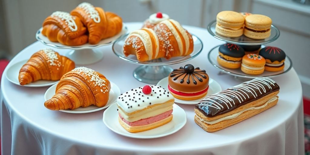 A variety of French pastries on a table.