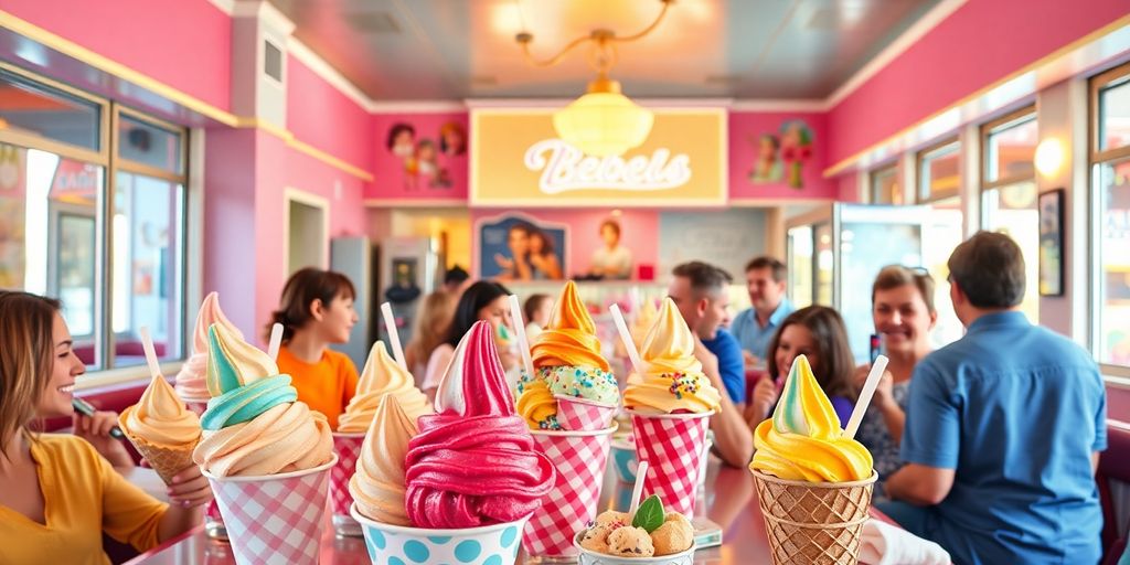 Ice cream cones and cups in a lively parlor.