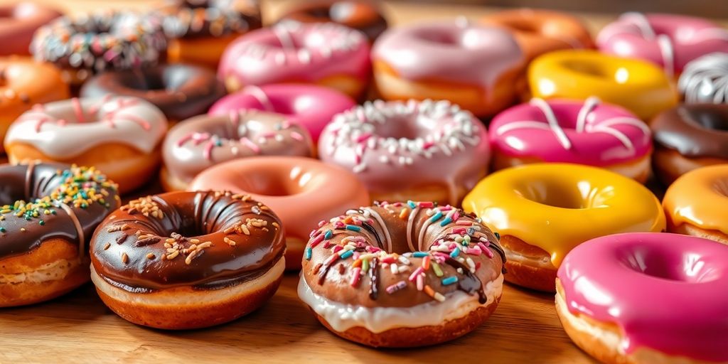 Colorful assortment of donuts on a wooden table.