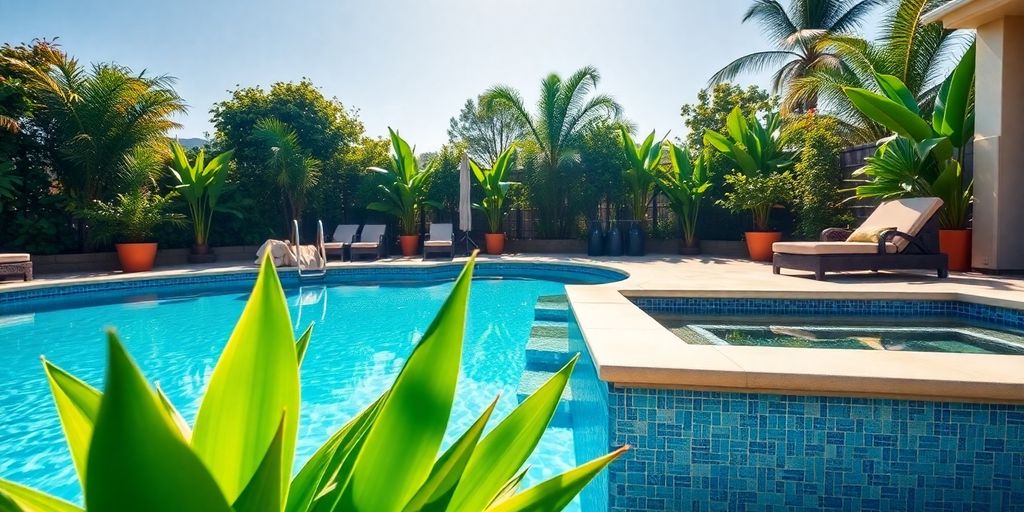 Beautiful pool and spa area with clear water and plants.