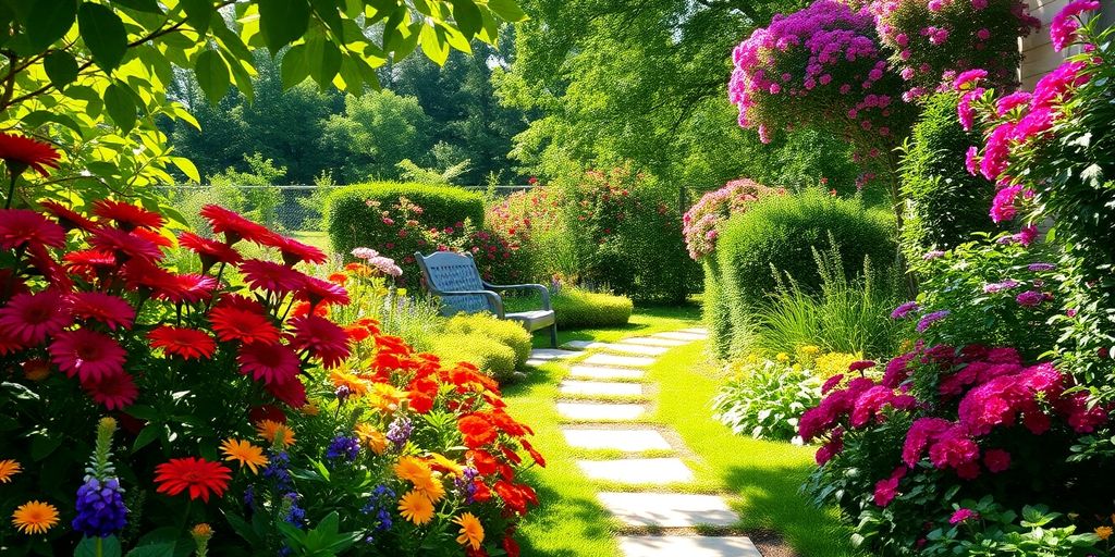 Vibrant garden with colorful flowers and lush greenery.