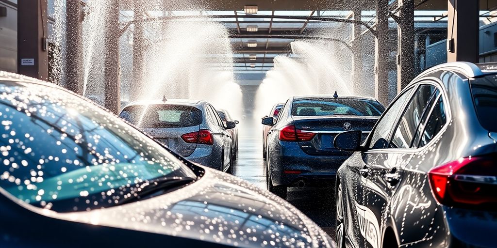 Cars being washed at a bright, sunny car wash.