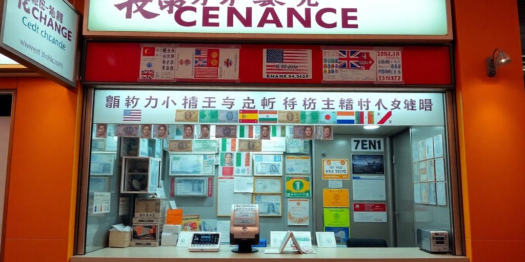 Currency exchange booth with various international currencies.