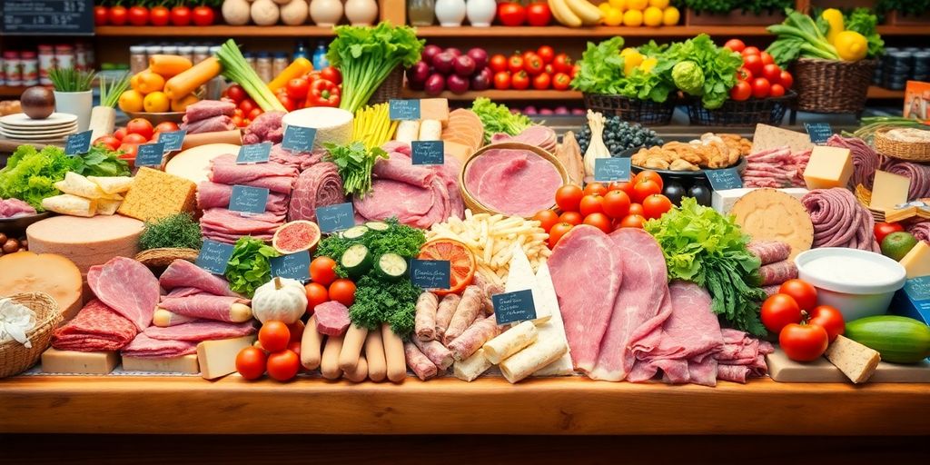 Colorful deli meats and cheeses on a wooden counter.