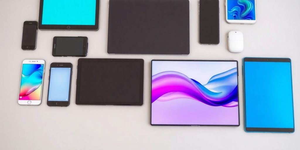 Colorful electronic devices on a sleek surface.