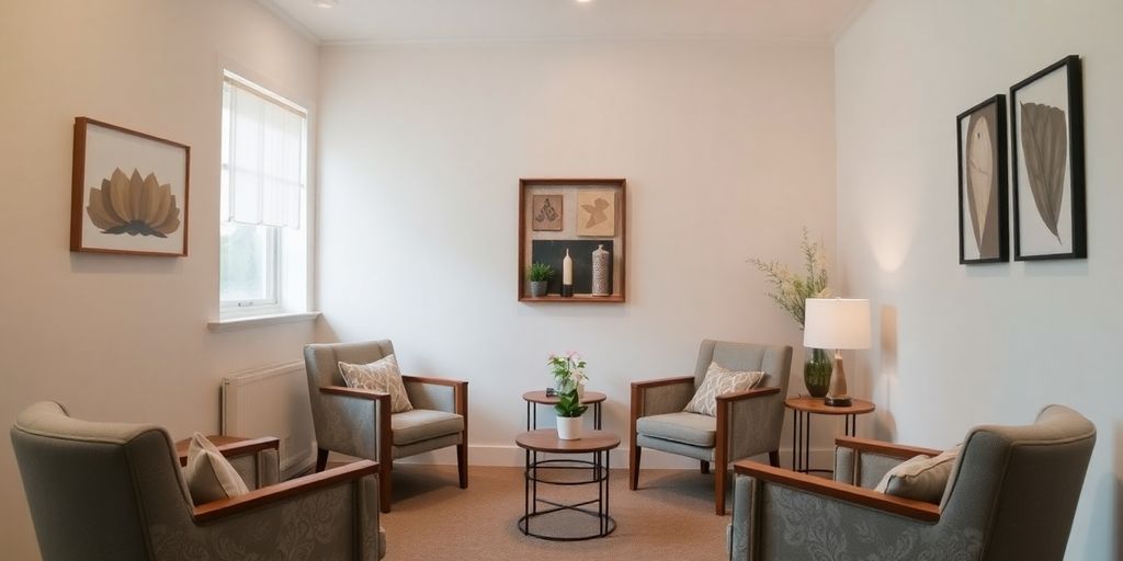 Cozy counseling room with comfortable chairs and soft lighting.