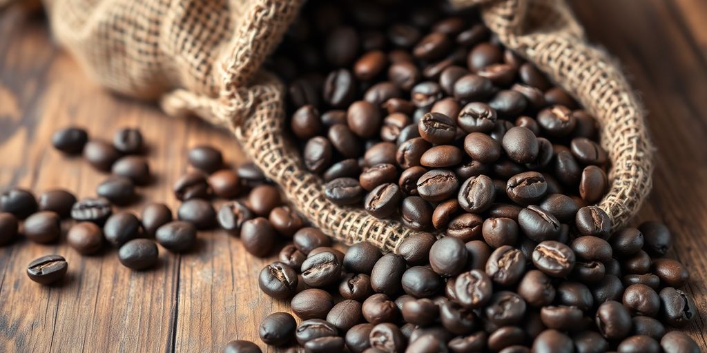 Close-up of roasted coffee beans on wooden surface.