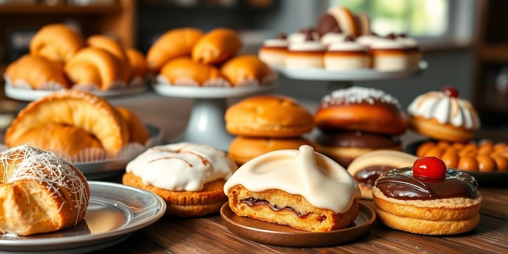 Colorful pastries on a wooden table in natural light.