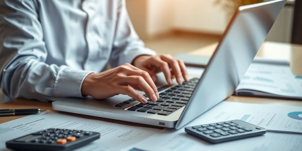 Accountant at work with documents and laptop in office.