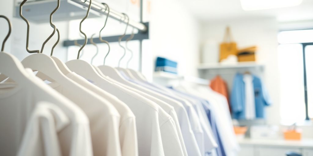 Dry cleaning setup with organized clothes and bright lighting.