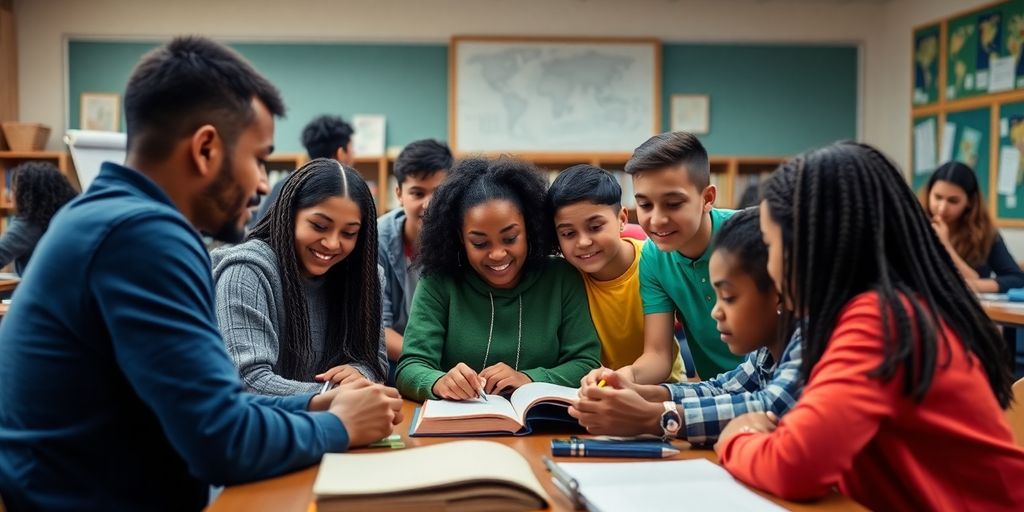 Diverse students learning in an interactive classroom environment.