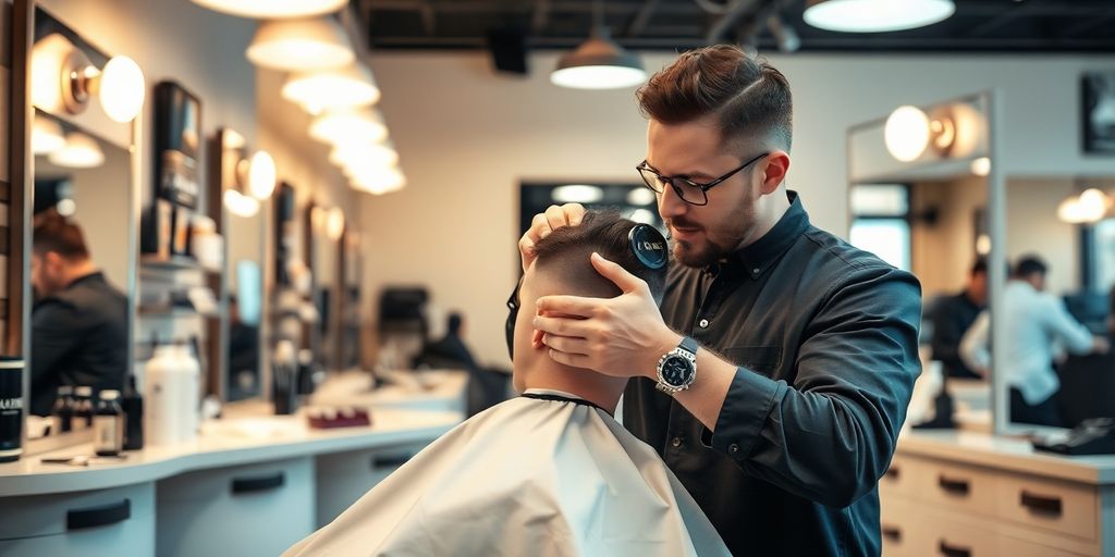 Barber cutting hair in a stylish barbershop.