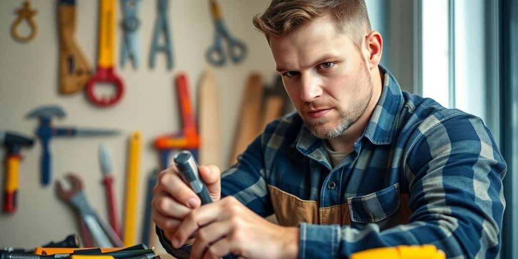 Handyman repairing a home with tools in hand.