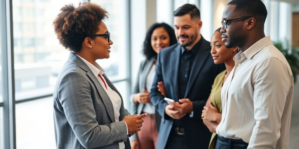 Group of diverse legal professionals collaborating in an office.