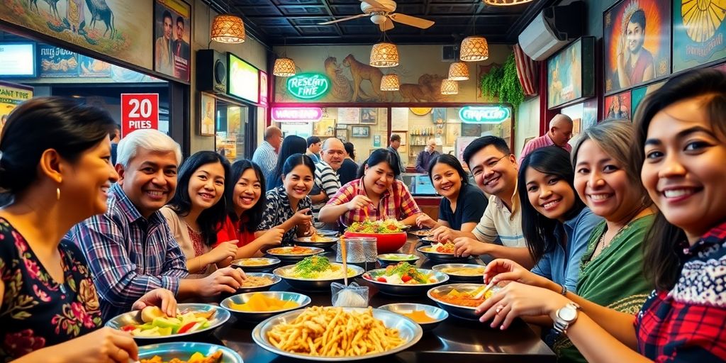 Diverse diners enjoying ethnic cuisine at a restaurant.