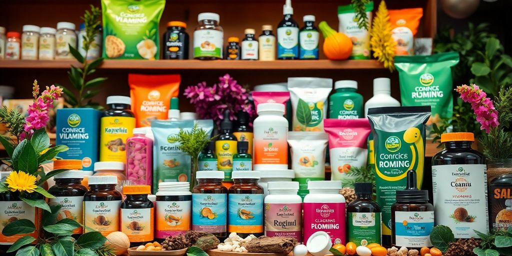 Health and wellness products in a colorful arrangement.