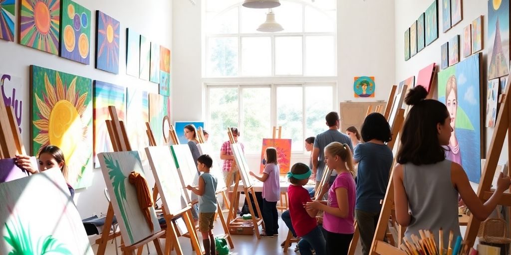 Colorful art classroom with artists creating vibrant paintings.