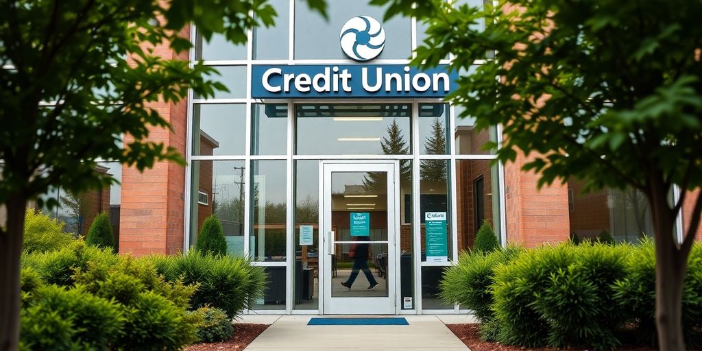 Modern credit union building with welcoming entrance and greenery.