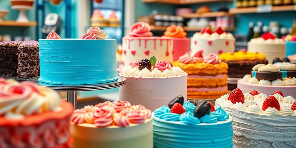 Colorful cakes displayed in a charming cake shop.