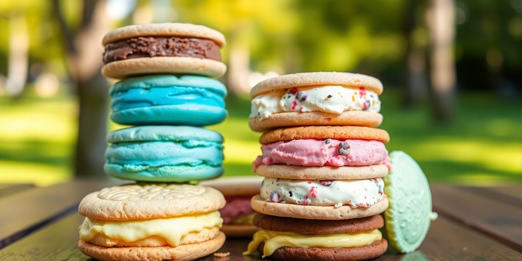 Stack of ice cream sandwiches with vibrant colors.