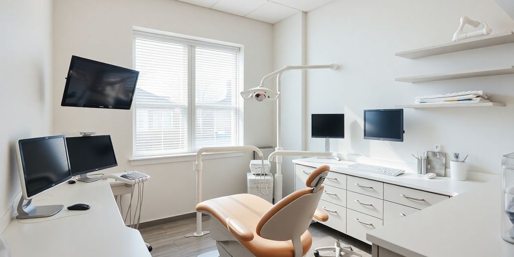 Modern dental office with equipment and bright atmosphere.