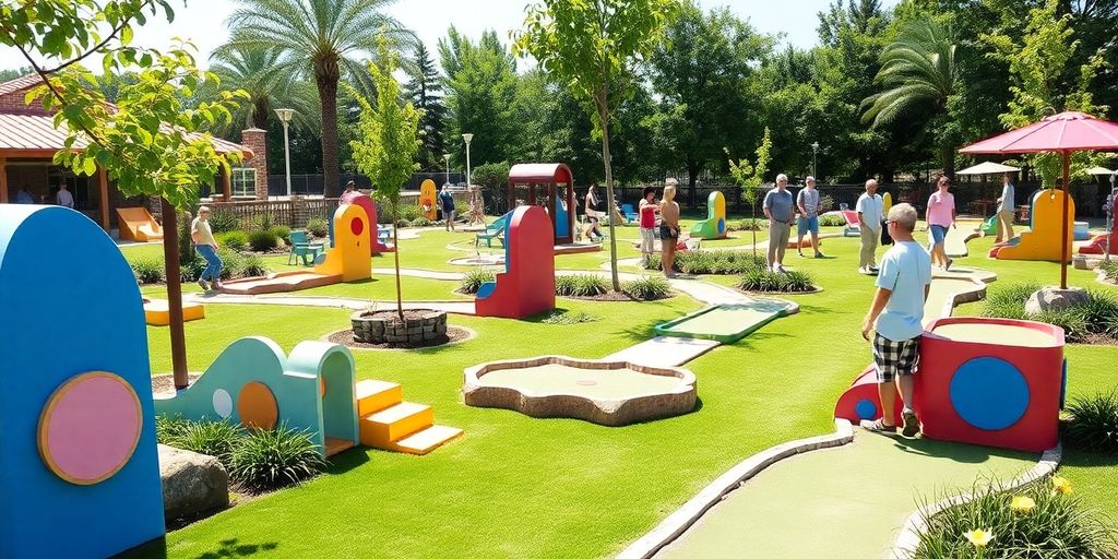 Colorful mini golf course with players and obstacles.