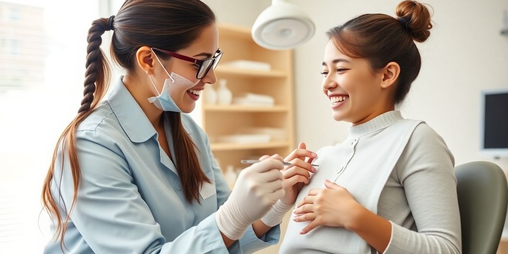 Orthodontist with patient in a modern dental office.