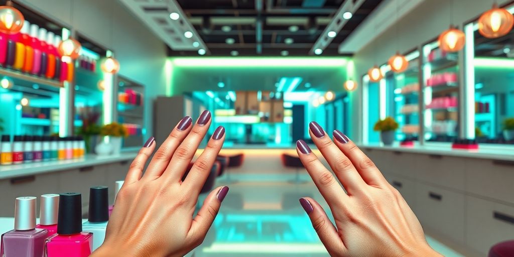 Nail salon with colorful nail polish and manicured hands.