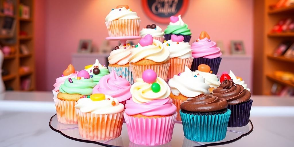 Decorated cupcakes on a stand in a bakery setting.